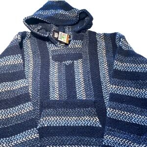 Heavy Duty‎ NWT Baja Hoodie Blue Stripe Pullover Sweatshirt Made in Mexico M